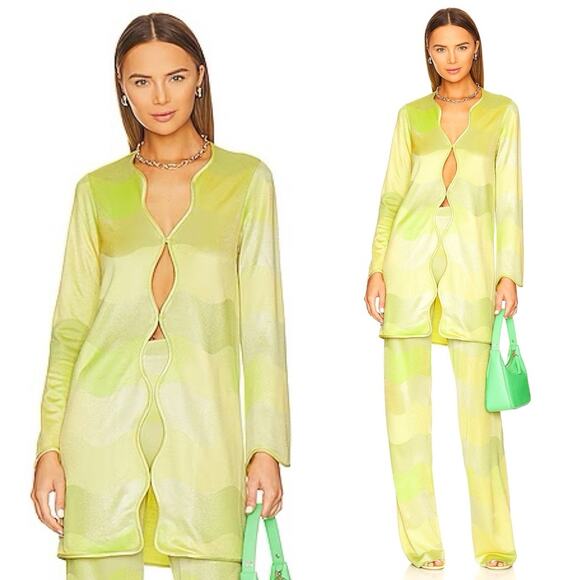 NWT Alexis Bia Satin Duster Top Jacket in Lime Waves Yellow Green Size XS - Picture 2 of 8